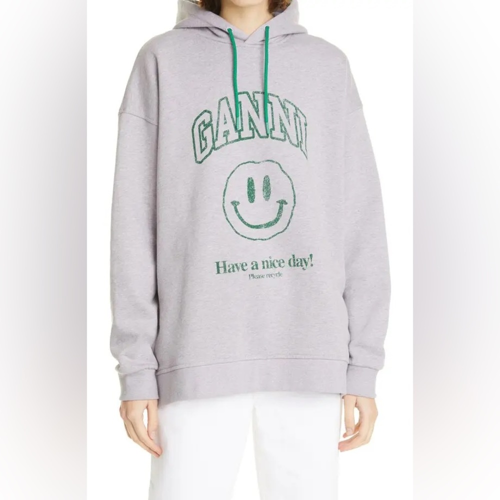 Ganni Light Gray Hoodie Sweatshirt with Green Logo and Drawstrings